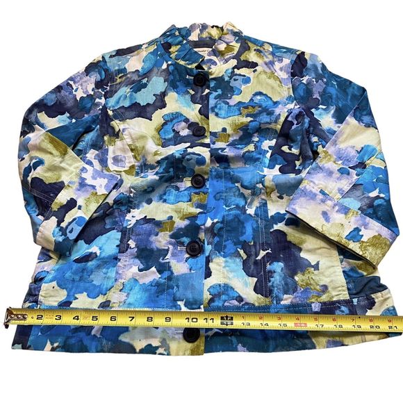 Coldwater Creek Cotton/Linen Blue Multi Abstract Floral Ruffle Neck Jacket Sz 12 - Picture 11 of 11